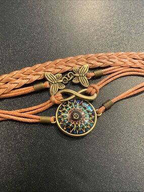 Bohemian Tan Multistrand Bracelet with Blue Mandala Charm B24